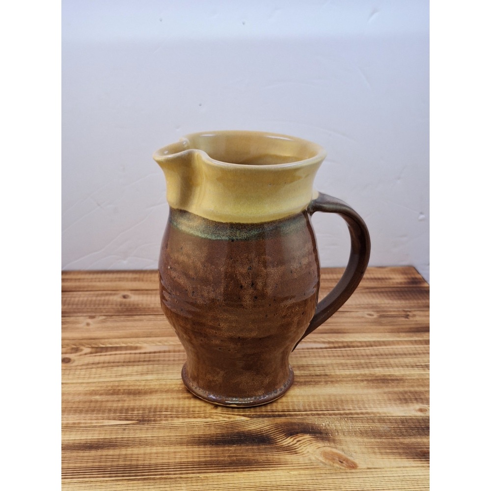 Studio Stoneware Pitcher, Two Tone Tan Brown Dip Glaze Pottery Jug 7"x4" Signed